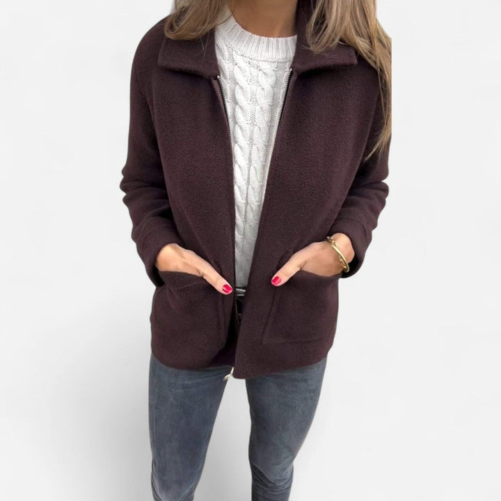 Women's Collared Zip Up Knit Jacket – Brown