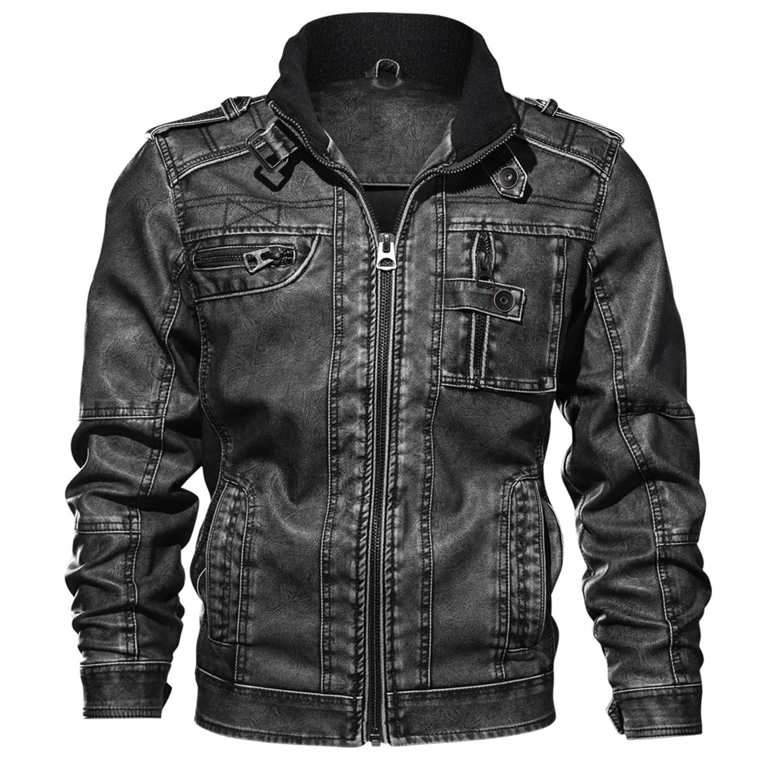 SEVERIN | MEN'S BLACK LEATHER JACKET BIKER STAND COLLAR 1