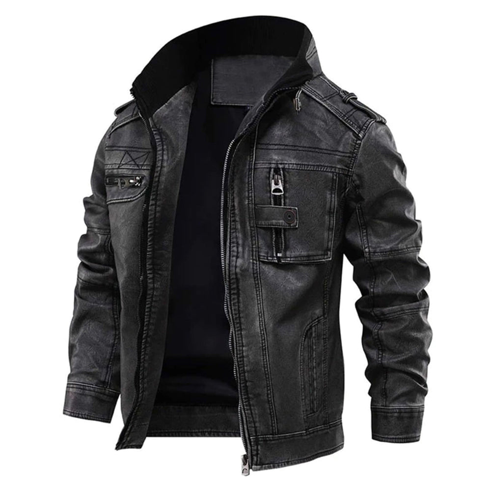 SEVERIN | MEN'S BLACK LEATHER JACKET BIKER STAND COLLAR 2