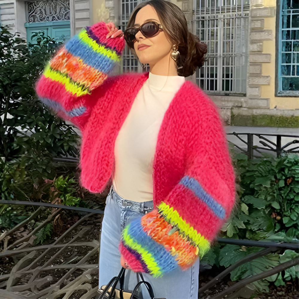 Women's Striped Chunky Knit Cardigan – Red