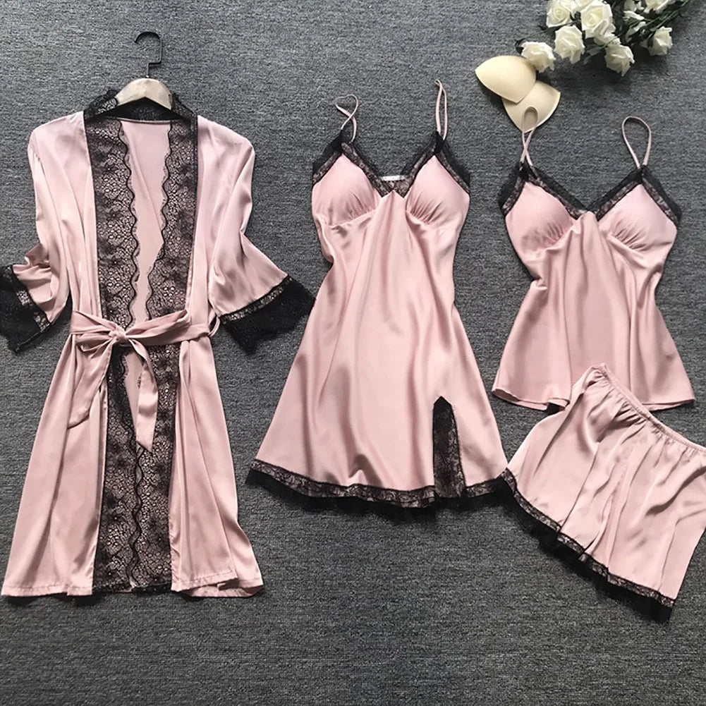 SYLVIE | WOMEN'S SATIN PAJAMA SET LACE ROBE 1