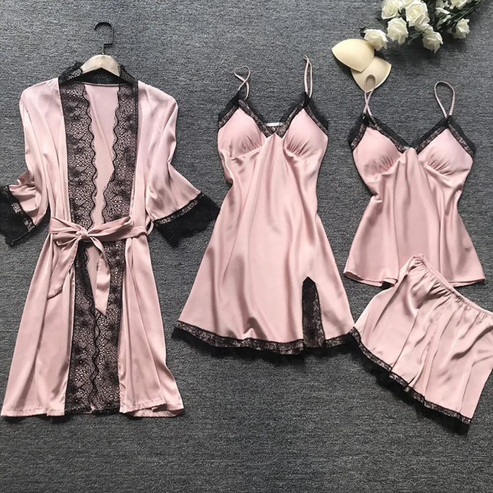 SYLVIE | WOMEN'S SATIN PAJAMA SET LACE ROBE 1