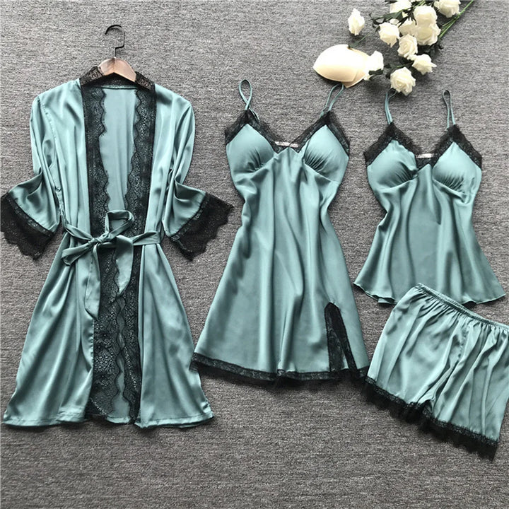 SYLVIE | WOMEN'S SATIN PAJAMA SET LACE ROBE 2