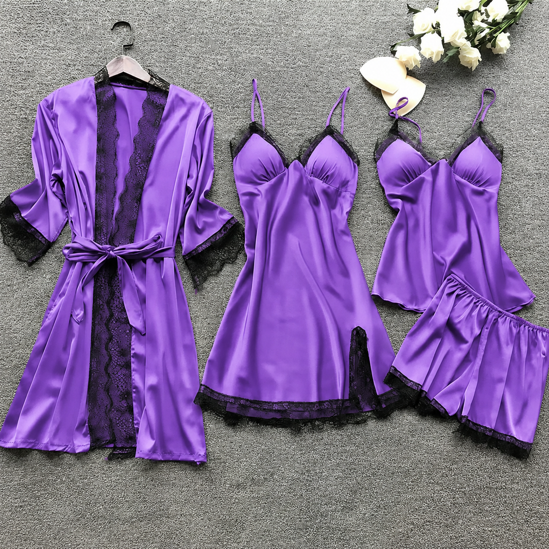 SYLVIE | WOMEN'S SATIN PAJAMA SET LACE ROBE 3
