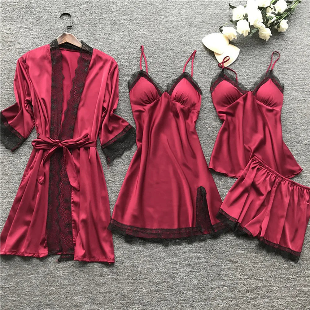 SYLVIE | WOMEN'S SATIN PAJAMA SET LACE ROBE 4