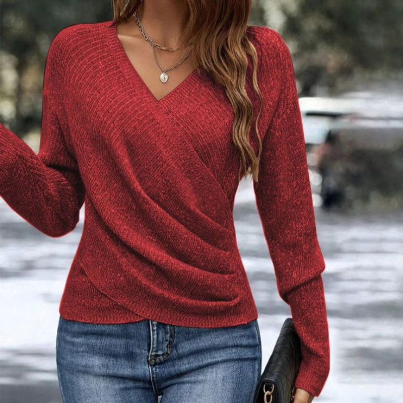 VERONIQUE | WOMEN'S WRAP V NECK SWEATER RIBBED KNIT LONG SLEEVE 3