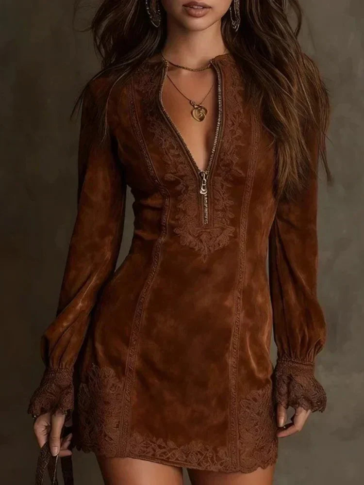 VIVIENNE - CHIC LACE LONG SLEEVE FALL MINI DRESS 2