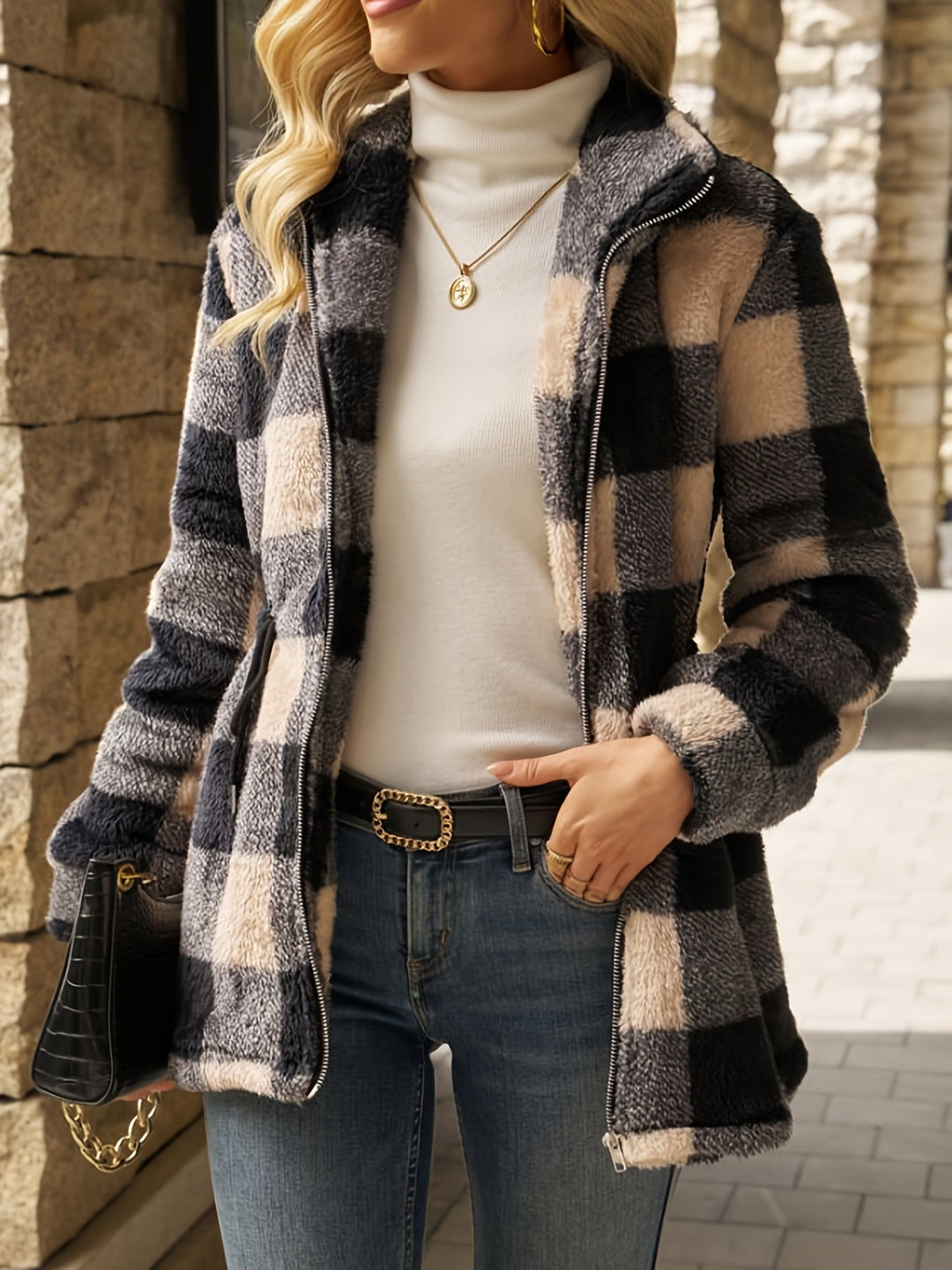 WILHELMINE | WOMEN'S PLAID SHERPA FLEECE JACKET ZIP UP 4