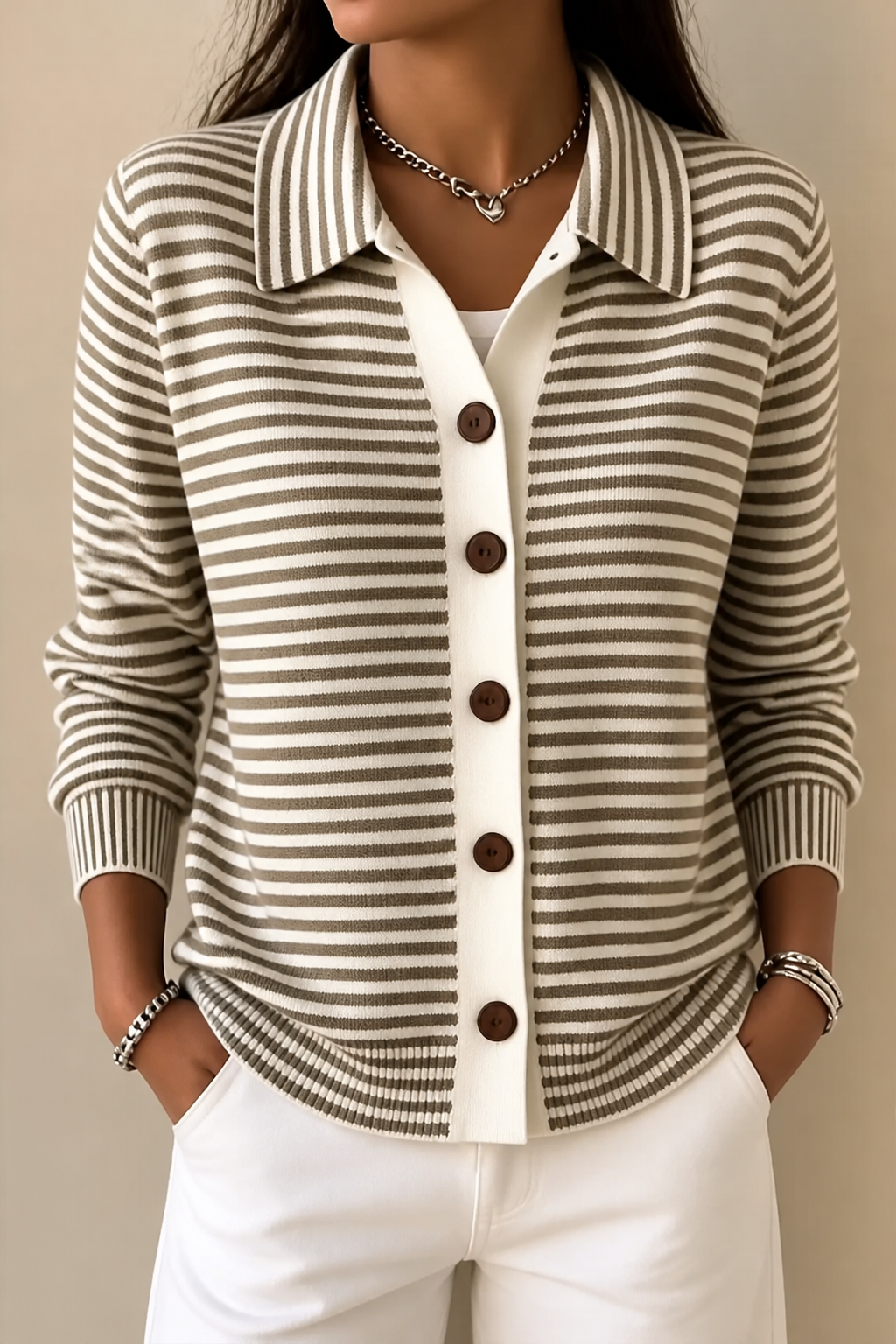 Women's Striped Collared Cardigan – Brown