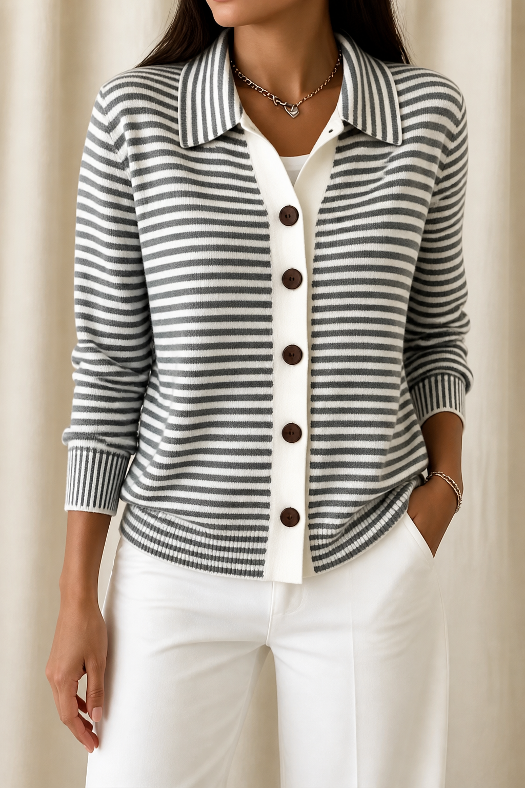Women's Striped Collared Cardigan – Gray