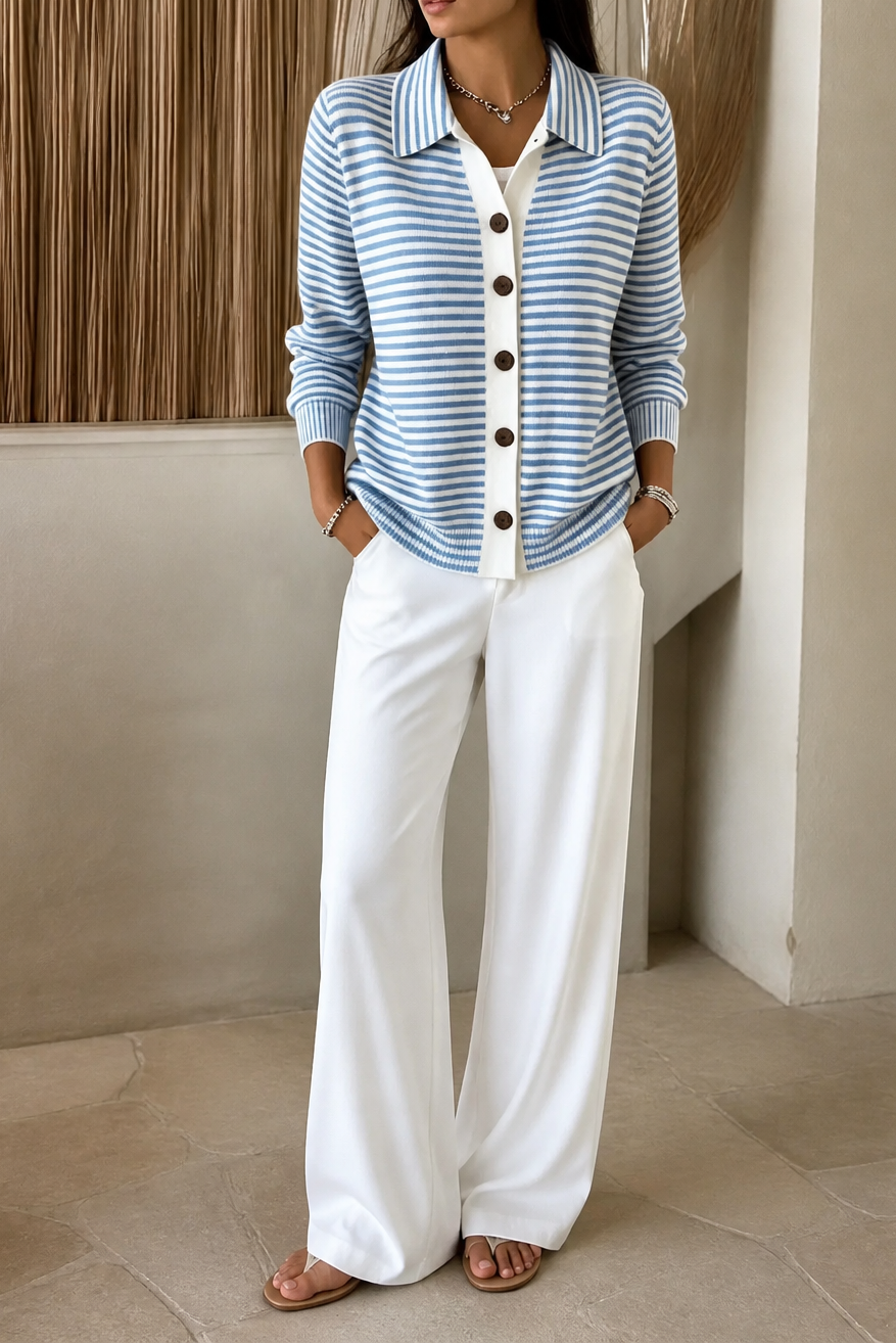 Women's Striped Collared Cardigan – Blue