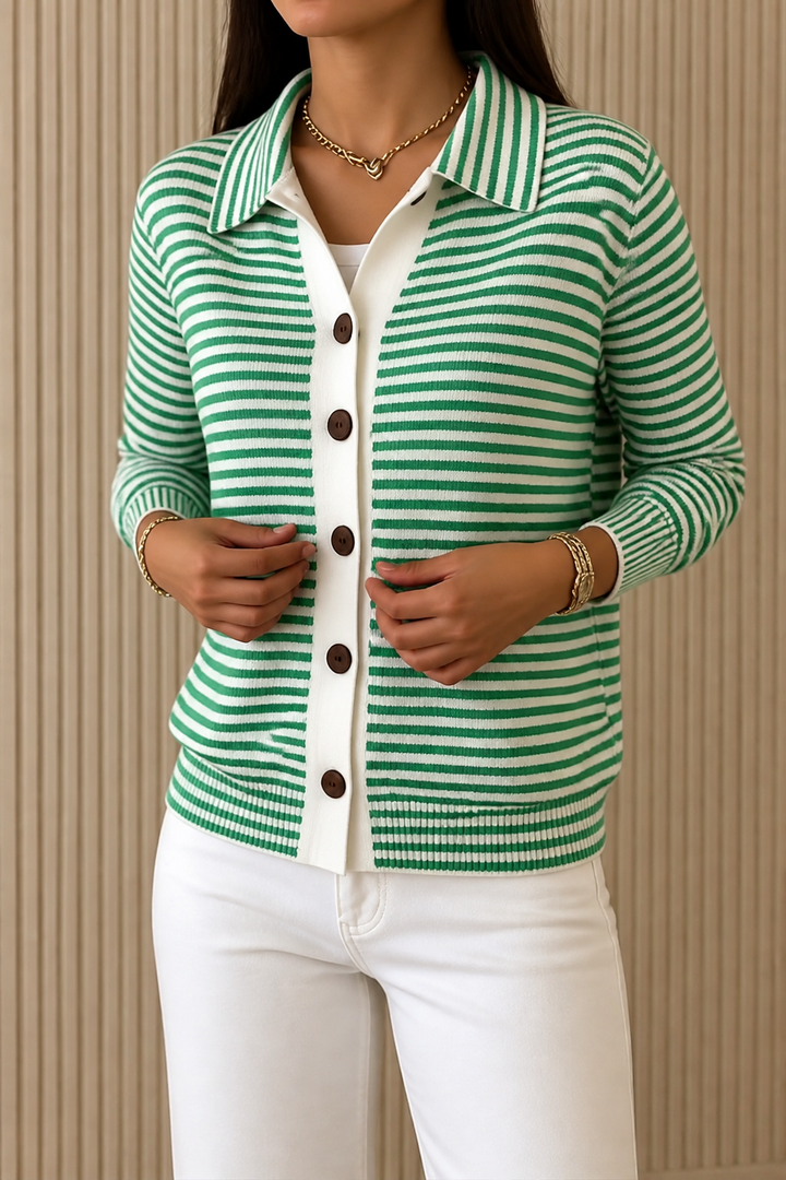 Women's Striped Collared Cardigan – Green