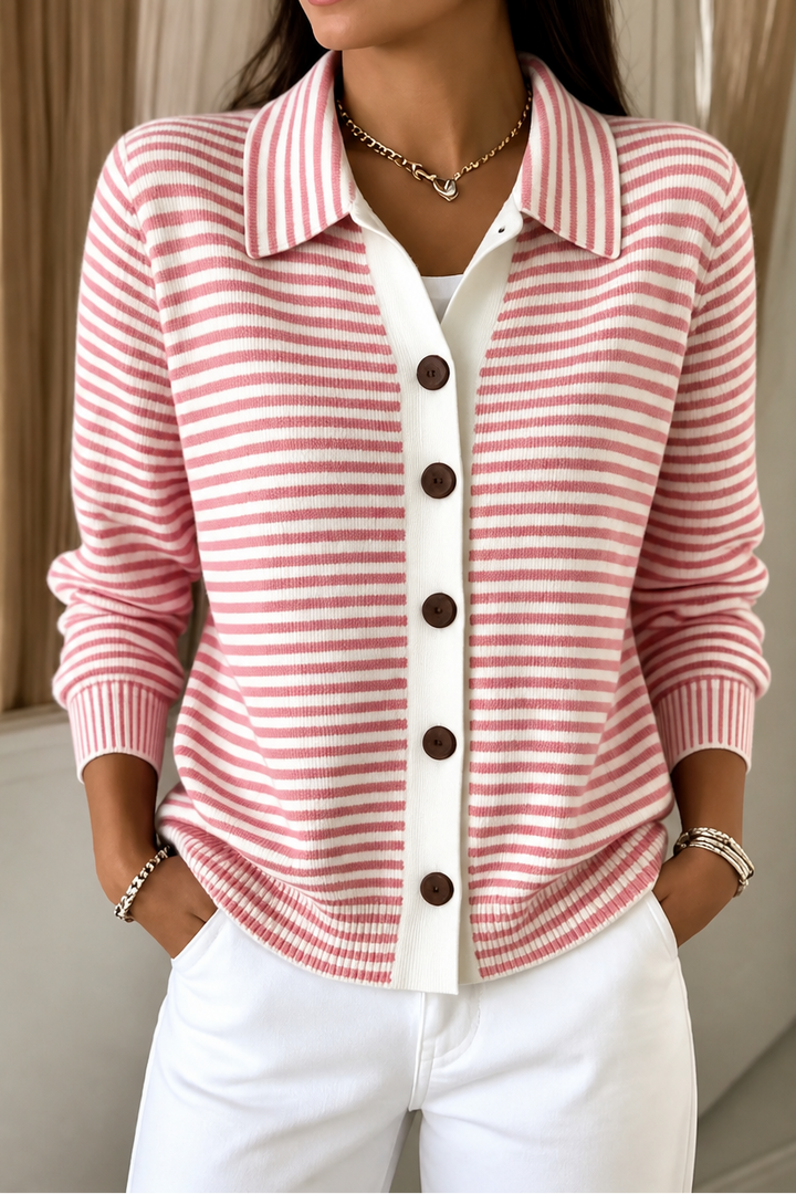Women's Striped Collared Cardigan – Pink