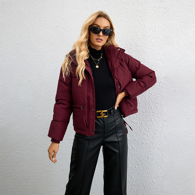 Women's Stand Collar Puffer Jacket – Burgundy